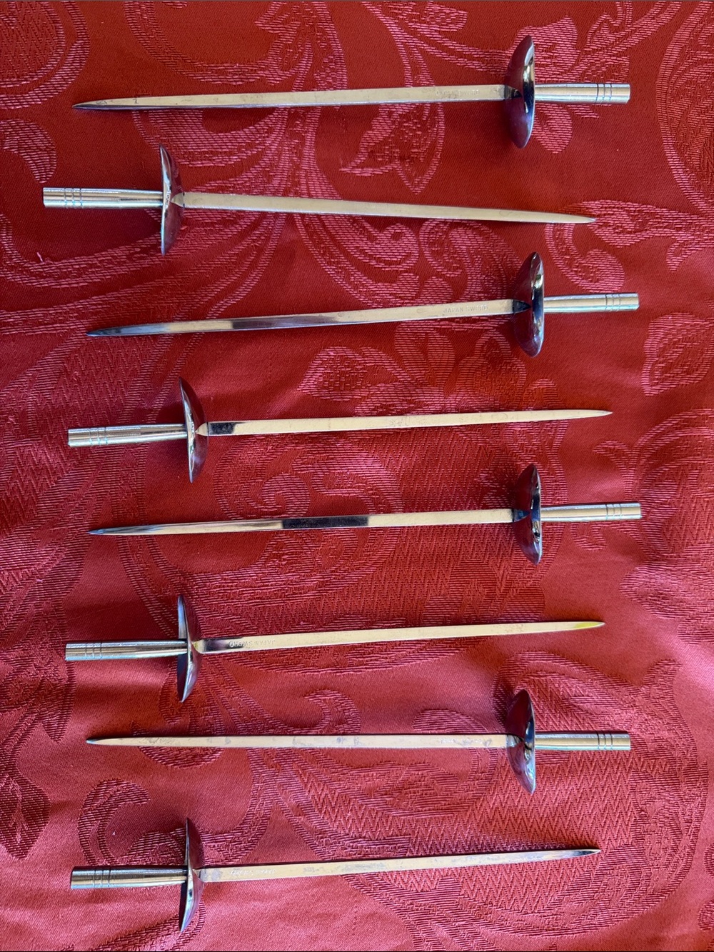 Vtg Japanese Stainless Steel Sword Skewers with Hand Guards - Silver (Set of 8)